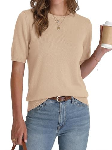 BTFBM Women's Short Sleeve Sweaters 2026 Summer Crew Neck Knit Work Shirts Business Casual Tops Basic Fall Fashion Clothing(Apricot, X-Large) - Image 1