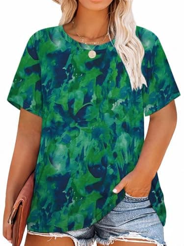 Anbech Women Plus Size Tie-Dye Print Tops Short Sleeve Crewneck Pullove Tunic (Tiedye Green, 3XL)