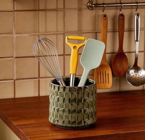 Utensil Crock Kitchen Utensil Holder, 5 Inches Small Ceramic Utensil Holder for Countertop, Unique Embossed Checkered Pattern, Seaweed Green Cooking Utensil Crocks for Kitchen, Home Decor Gift - Thumbnail 4