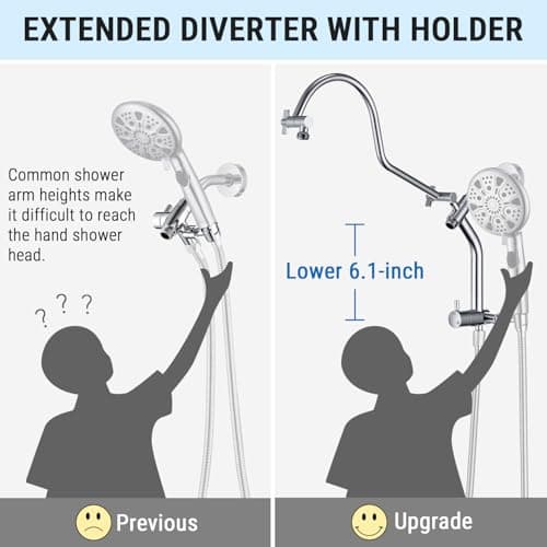 G-Promise 12 Inch Metal Rain Shower Head with Handheld Spray Combo, Massage Fixed and 7+2 Function Handheld Showerhead, Extended Diverter with 12 Inch Extension Arm, Extra Long stainless steels Hose - Thumbnail 3