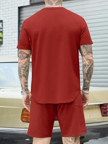 JEMLDL Lounge Sets for Men 2 Piece Summer Casual Outfits Short Sleeve Shirt & Shorts Matching Set Sweat Suit Vacation Clothing Red XL - Thumbnail 3