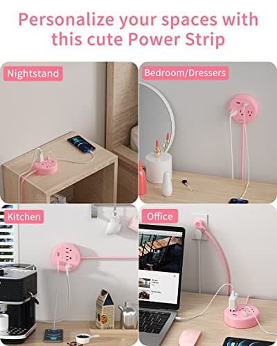 Pink Extension Cord 15ft, NTONPOWER Flat Plug Power Strip with Long Extension Cord, 3 Outlet 2 USB Desktop Charging Station Wall Mount for Home, Dorm Room, Office and Nightstand, ETL Listed - Thumbnail 5