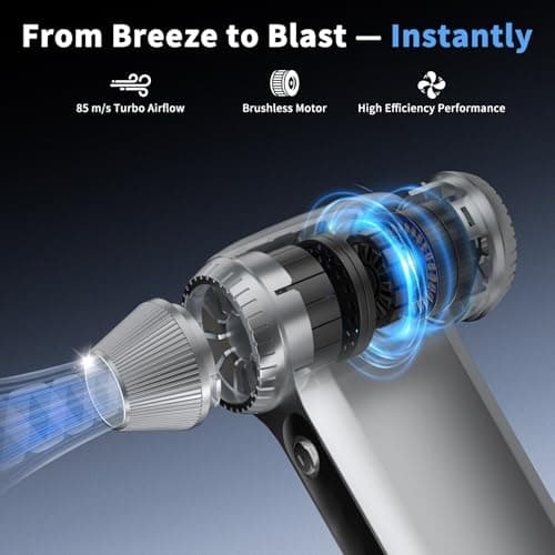 Electric Air Duster 200000RPM Brushless Motor, Cordless Compressed Air Blower with 4 Nozzles & 2 Brushes, 85m/s Powerful Rechargeable Cleaner for PC, Car, Keyboard & Electronics (Silver) - Thumbnail 2