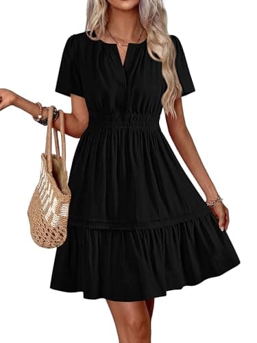 BTFBM Summer Dresses for Women 2026 Casual Boho Sundress Short Sleeve V Neck Ruffle A Line Beach Vacation Mini Dress(Black, Large) - Image 1