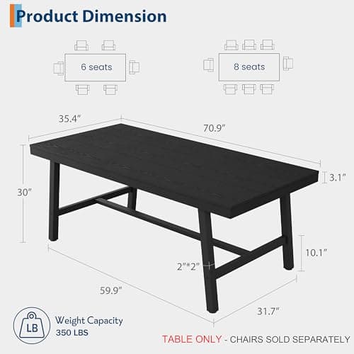 GarveeHome Industrial Dining Table for 6-8 People, 70.87" Long Large Kitchen Table with Sturdy Metal Frame, Rectangular Counter for Dinner, Kitchen, Dining Room (Black, 71" Non-extendable) - Thumbnail 2