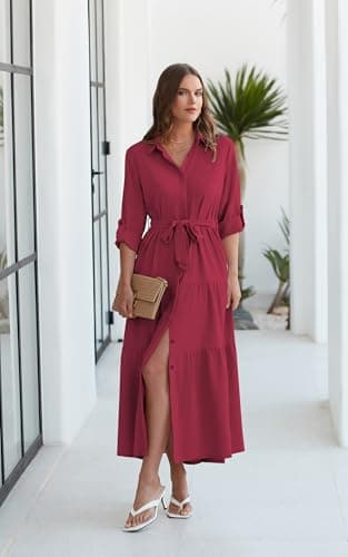 ECOWISH Women's Maxi Shirt Dress - 2026 Long Sleeve Button Casual Fall A-line Work Tiered Dresses with Belt and Pockets Wine Red X-Large - Thumbnail 3