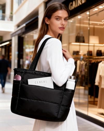 Moyad Puffer Tote Bag for Women, Lightweight Quilted Shoulder Handbag with Zipper, Nurse Bags for Work Teacher Appreciation Gifts Travel Gym Accessories, Black - Thumbnail 2