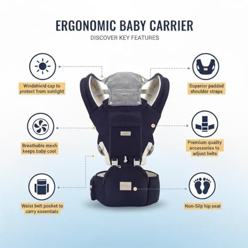 Sharth Baby Carrier with Hip Seat, 6-in-1 Infants & Toddlers (7-41 lbs) Carrier, Fully Adjustable Hip Seat Carrier to Fit All Parents, All-Season Baby Carrier - Dark Blue - Thumbnail 4