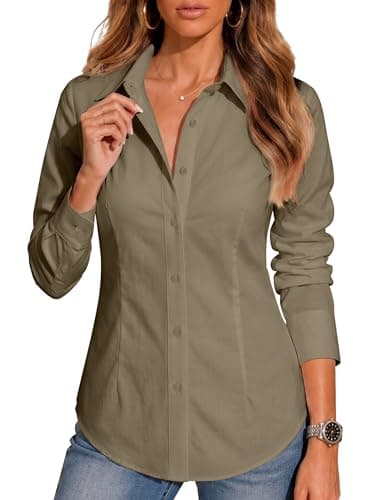 BBIBBI Button Down Shirts for Women Shirt Blouse Long Sleeve Up Womens Work Tops Blouses Outfits Office Business Casual Khaki Size 3XL - Image 1