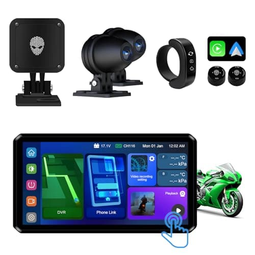 AlienRider M12S Motorcycle 77G Millimeter Wave Radar Blind Spot Warning,Dash cam Front and Rear,Wireless CarPlay/Android Auto,Wired Remote,Night Vision,TPMS,G-Sensor,1080P(Host+Tpms+Cameras+Radar) - Image 1