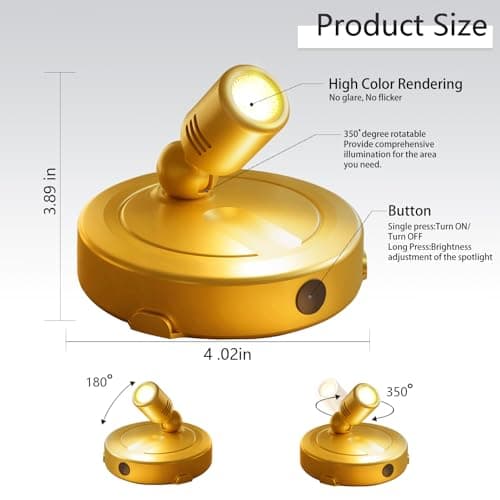 FFKWLTONG Rechargeable LED Spotlights Indoor Plant Grow Lights Picture Lights 180° Adjustable Wall Mounted Display Lamp for Plants/Artwork/Figures/Bookshelf Ambience Lighting-Gold - Thumbnail 5