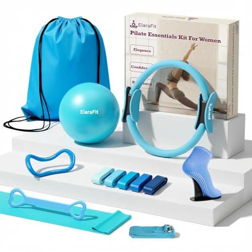 ElaraFit Home Pilates Ring and Ball Set for Women with 5 Resistance Bands 13 inch Magic Circle Workout Starter Kit for Beginners Full Body Toning 15 Min Daily Routine,Blue