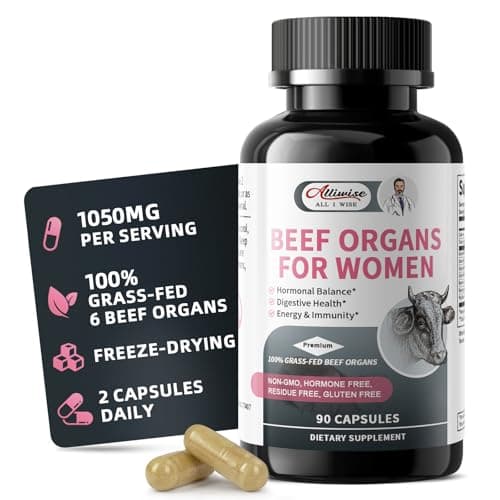 Alliwise Beef Organ Supplement for Women - Supports Female Hormonal Balance, Energy & Overall Wellness, 100% Grass Fed Beef Organs Complex: Liver Uterus* Heart & 3 More, (2 Capsules Daily) - Image 1