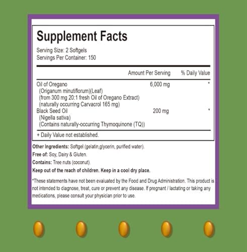 RIOWEGO Oil of Oregano Softgels with Black Seed Oil, 6000mg High Potency Oregano Oil Capsules for Immune Support, Gut Function Support, Carvacrol & Thymoquinone, Non-GMO, Gluten Free, 300 Softgels - Thumbnail 2