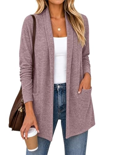 QIXING Comfy Long Sleeve Cardigan Women's Spring Fall Home Office Work Lightweight Knit A Pink - Image 1