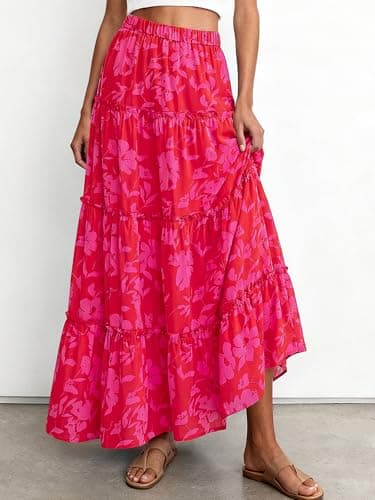 BTFBM Floral Maxi Skirts for Women Summer Spring 2026 Elastic Waist Tiered Flowy Beach Vacation Outfits Boho Long Skirt(Floral Red Pink, Large) - Thumbnail 3