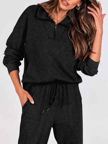 BTFBM Women's 2 Piece Tracksuit Fall Outfits 2025 Long Sleeve Half Zip Sweatshirt Sweatpants Lounge Set Sweatsuits(Solid Black,Medium) - Thumbnail 6