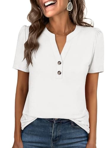 ANRABESS Womens Tops Business Casual 2026 Spring Short Sleeve Henley V Neck Shirts Dressy Work Blouse Summer Trendy Clothing White Medium - Image 1