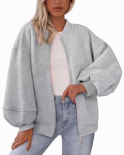 KIRUNDO Oversized Sweatshirt for Women Zip Up Bomber Jacket 2026 Fall Fashion Casual Long Sleeve Outerwear Winter Outfits(Grey, Large) - Image 1