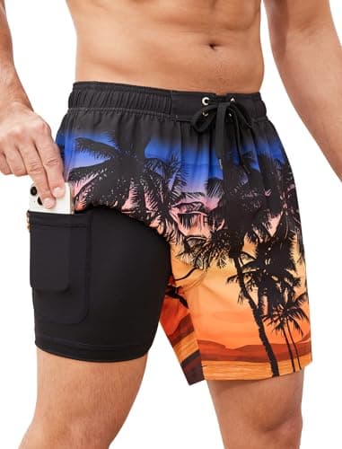 SILKWORLD Swim Trunks Men Quick Dry Bathing Suits 2 in 1 Swimming Shorts Beach Swimsuit with Zipper Pocket and Compression Liner, Gradient- Black Orange Tree, Large - Thumbnail 2