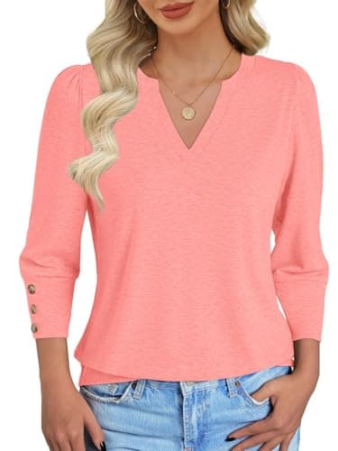NORACORA Womens Tops 3/4 Sleeve with Buttons Dressy Casual Blouses for Women V Neck T Shirts Beach Vacation Spring Summer Outfits Coral XXL - Thumbnail 4
