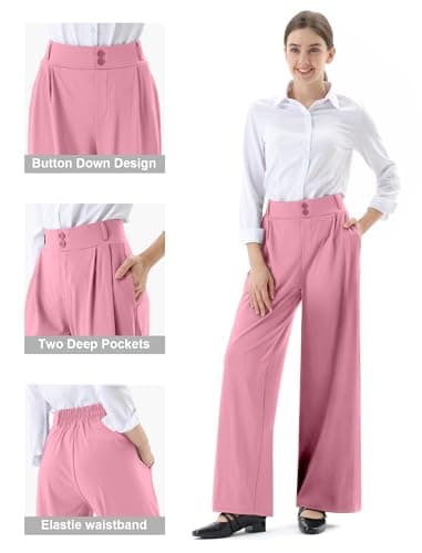 JOYCATCH Womens Wide Straight Leg Work Pants Casual Slacks Business Office Trousers Button Dress Pants Hot Pink - Thumbnail 4