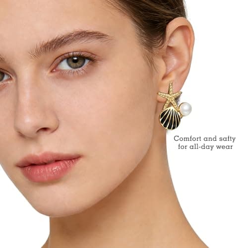 Stainless Steel Starfish & Seashell Summer Beach Earrings for Women, Black - Thumbnail 2