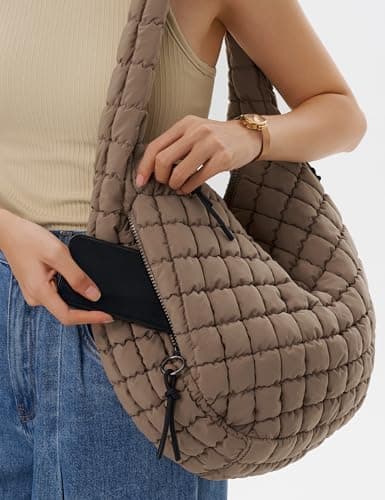 Quilted Tote Bag Puffer Large Quilting Carryall Shoulder Bags Puffy Lightweight Quilt Padding Hobo Bag Soft for Women Fashion Khaki - Thumbnail 2