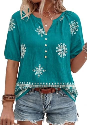 BTFBM Womens Summer Boho Tops Casual V Neck Short Sleeve Blouses Floral Print Shirt Tie Front Beach Vacation Fashion Clothing(Floral Lake Blue White, Large) - Thumbnail 4