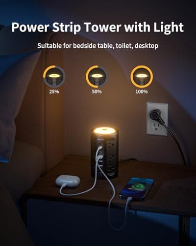 AnnTane Power Strip Tower with Night Light, Power Strip Surge Protector with USB Ports, Extension Cord 10 FT with Multiple Outlets (12AC+3A+2C) for Home Office Desk DormRoom (Black) - Thumbnail 5