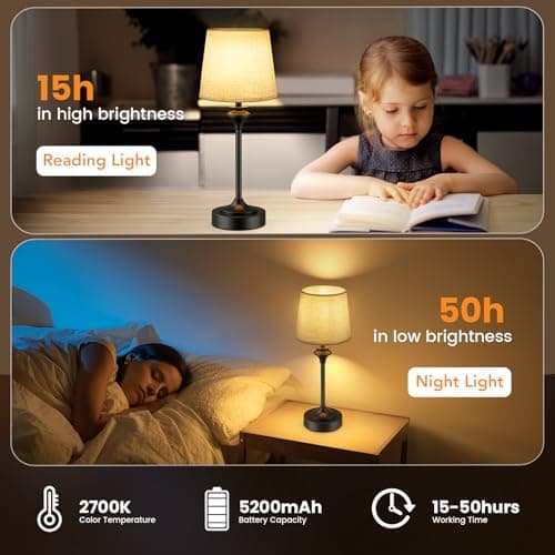 NIORSUN Portables Cordless Table Lamp,Flaxen Fabric Shade Battery Operated Lamp,5200mAh Bedside Table Lamp with Warm White,3 Way Dimmable Touch Desk Lamp for Living Room Bedroom Restaurant (Black) - Thumbnail 4