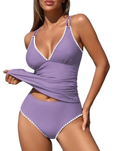 ZAFUL Plus Size V Neck Tankini Tops for Women Color Block Bikini Top Double Shoulder Straps Bikini Ruched Swim Suits with High Waisted Bottoms Summer Bathing Suits (Purple XXL) - Image 1