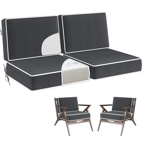 5" Thicker Outdoor Chair Cushions Set of 2 - 24x24 Inch Patio Chair Cushion for Outdoor Furniture w/Fade-Resistant Removable Cover Waterproof Deep Seat Patio Cushions w/Straps Handle for Couch, Grey - Image 1