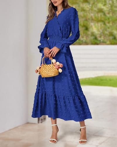 BTFBM Women Fall Maxi Dresses 2025 Long Sleeve V Neck Swiss Dots High Waisted A-Line Ruffle Boho Long Dress Vacation(Royal Blue,Medium) - Thumbnail 4