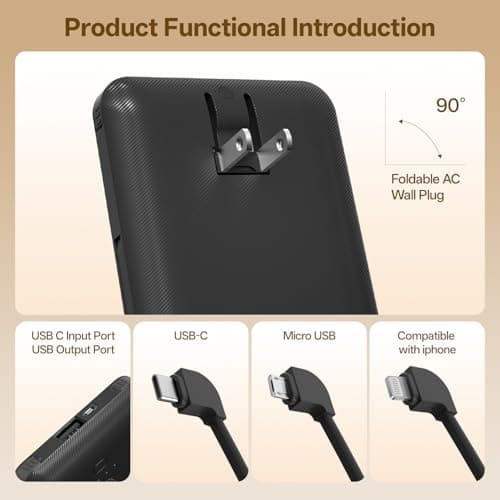 Brand Q Portable Charger with Built-in Cables and AC Wall Plug,Slim USB C Travel Essential Power Bank 10000mAh,External Battery Pack Compatible with iPhone,Samsung,Tablet and All Smart Phones - Thumbnail 4