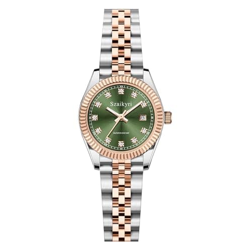 Szaikyri Classic Watch for Women with Solid Stainless Steel Band Ladies Dress Watch Womens Calendar Watch (Rosegold Green) - Image 1