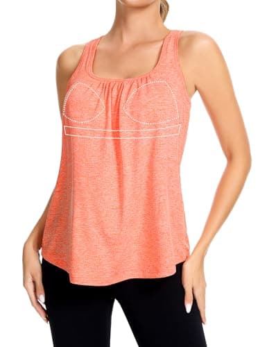 SLIMBELLE Mesh Racer Back Tank Tops Womens Gym Yoga Athletic Workout Tops Round Neck Sleeveless Loose Fit Cami with Built in Bra Orange L - Image 1
