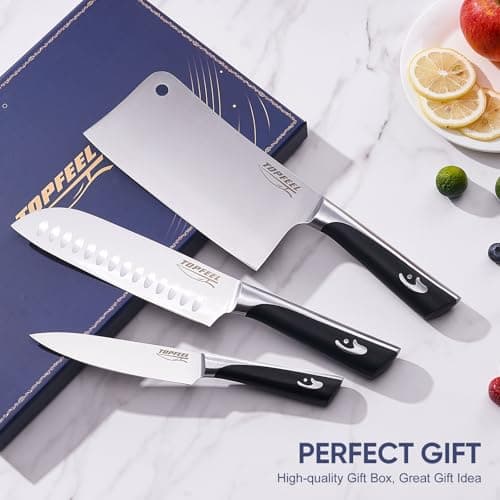 Topfeel Butcher Knife Meat Cleaver Set 3Pcs-7" Heavy Duty Bone Chopper& 7" Santoku Knife& 5" Utility Knife, German Stainless Steel Chef Knives Set for Kitchen Home Gift - Thumbnail 3