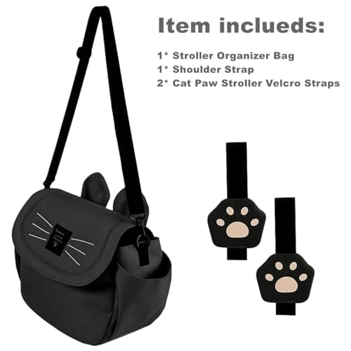 SUNVENO Kitty Stroller Organizer Bag – Universal Baby Stroller Caddy with 2 Cup Holders, Adjustable Straps, Waterproof Oxford, Lightweight Travel Accessory for Strollers, Prams & Pushchairs,Black - Thumbnail 4