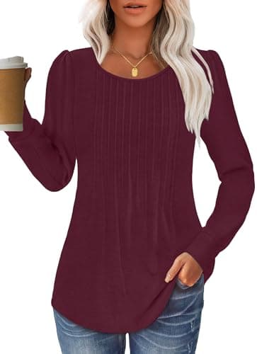 GKBK Women Long Sleeve Shirts Fall Tops Dressy Pleated Scooped Neck Tunic Tops for Leggings Wine Red L - Image 1