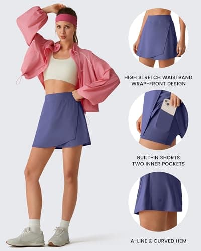 G4Free Wrap Skirt High Stretch Golf Skirts Asymmetrical Hem A Line Skirts with 2 Pockets Inner Shorts Tennis Workout Breathable Athletic Skirt(Dusky Purple,S) - Thumbnail 5