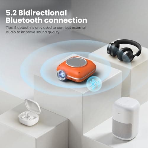 HOMPOW Mini Projector with Two -Way Bluetooth, Portable Projector for Home Theater Use, Support 1080P for Indoor/Outdoor, Movie Projector Compatible with HDMI, USB, Laptop, TV Stick (Orange) - Thumbnail 4