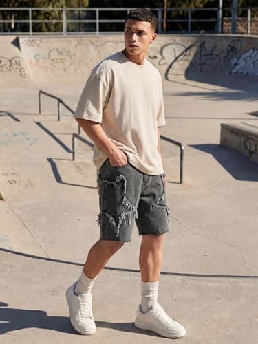 JMIERR Men's Jeans Shorts Baggy Loose Fit Knee-Length Jorts Mid Rise Wide Leg Vintage Y2K Hip Hop Streetwear Denim Shorts, Black, X-Small - Thumbnail 2