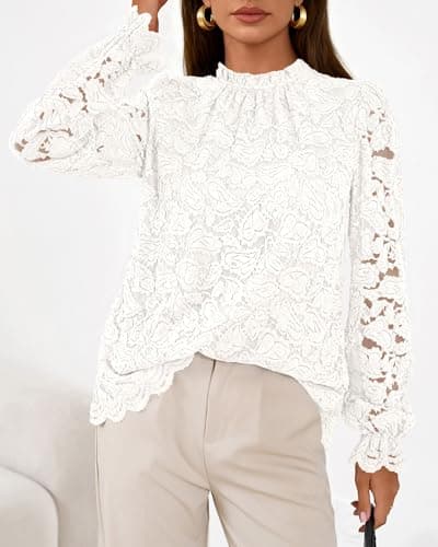 KIRUNDO Blouses for Women Dressy Casual Lace Long Sleeve Tops Mock Neck Ruffle Shirts 2026 Spring Fall Fashion Clothing(White, X-Large) - Thumbnail 6