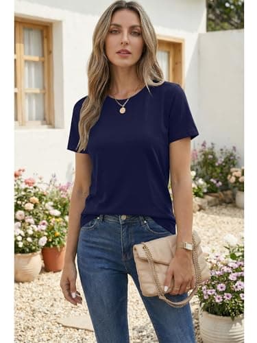 Women's T Shirt Cotton Short Sleeve T-Shirts Crewneck Basic Solid Color Tee Loose Fit Tshirts Breathable Comfy Summer Tops for Women 2026 Navy - Thumbnail 2