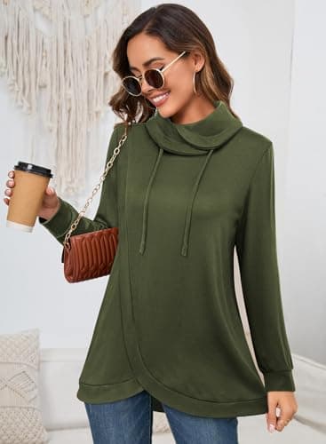 Bulotus Oversized Sweatshirt for Women Long Sleeve Cowl Neck Loose Fit Tops Drawstring Pullover Long Tunics for Jeans Older 2025 Fall Casual Comfy Army Green XXL - Thumbnail 2