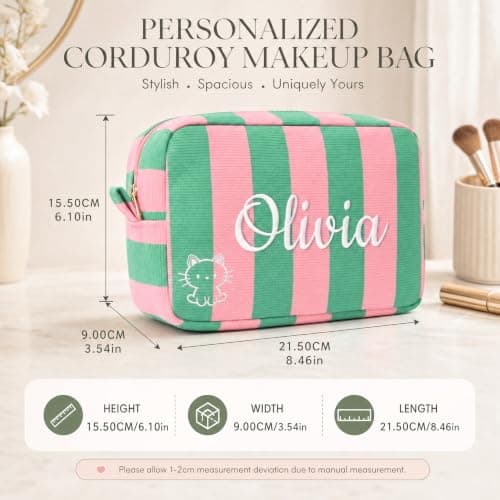 VKPOYNRO Custom Name Makeup Bag, Striped Padded Cosmetic Organizer, Dual-use Travel Toiletry Bag, Large Capacity Zipper Storage Pouch, Elegant Gift for Women - Thumbnail 5