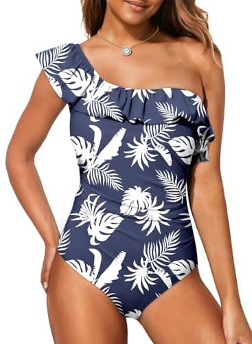 Dokotoo Lady Cold Shoulder One-Piece Swimsuit One Shoulder 2026 Asymmetric Removable Padded Ruffled Sleeve Cute Monokinis Tummy Control Plus Size Swimwear,Painting XX-Large - Thumbnail 2