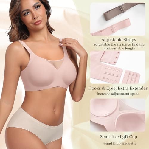 Ganado Wireless Bras for Women Full Coverage Mesh Seamless Supportive Comfortable Bras No Wire T Shirt Bra Padded Bralette (Pink, Medium) - Thumbnail 5