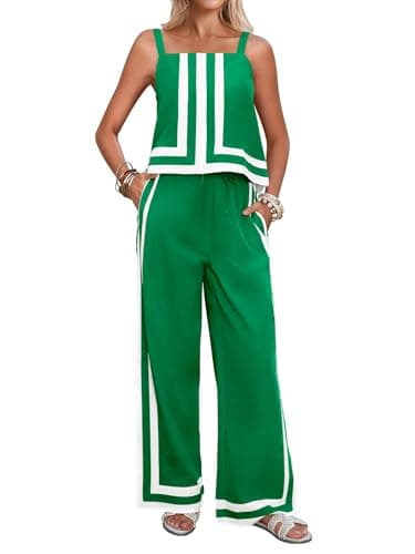 Tankaneo Womens 2 Piece Lounge Set Summer Casual Color Block Cami Top Wide Leg Pants Set Beach Vacation Outfits - Image 1